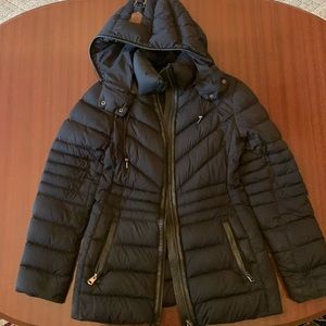 MACKAGE hooded black down puffer jacket with leather detailing